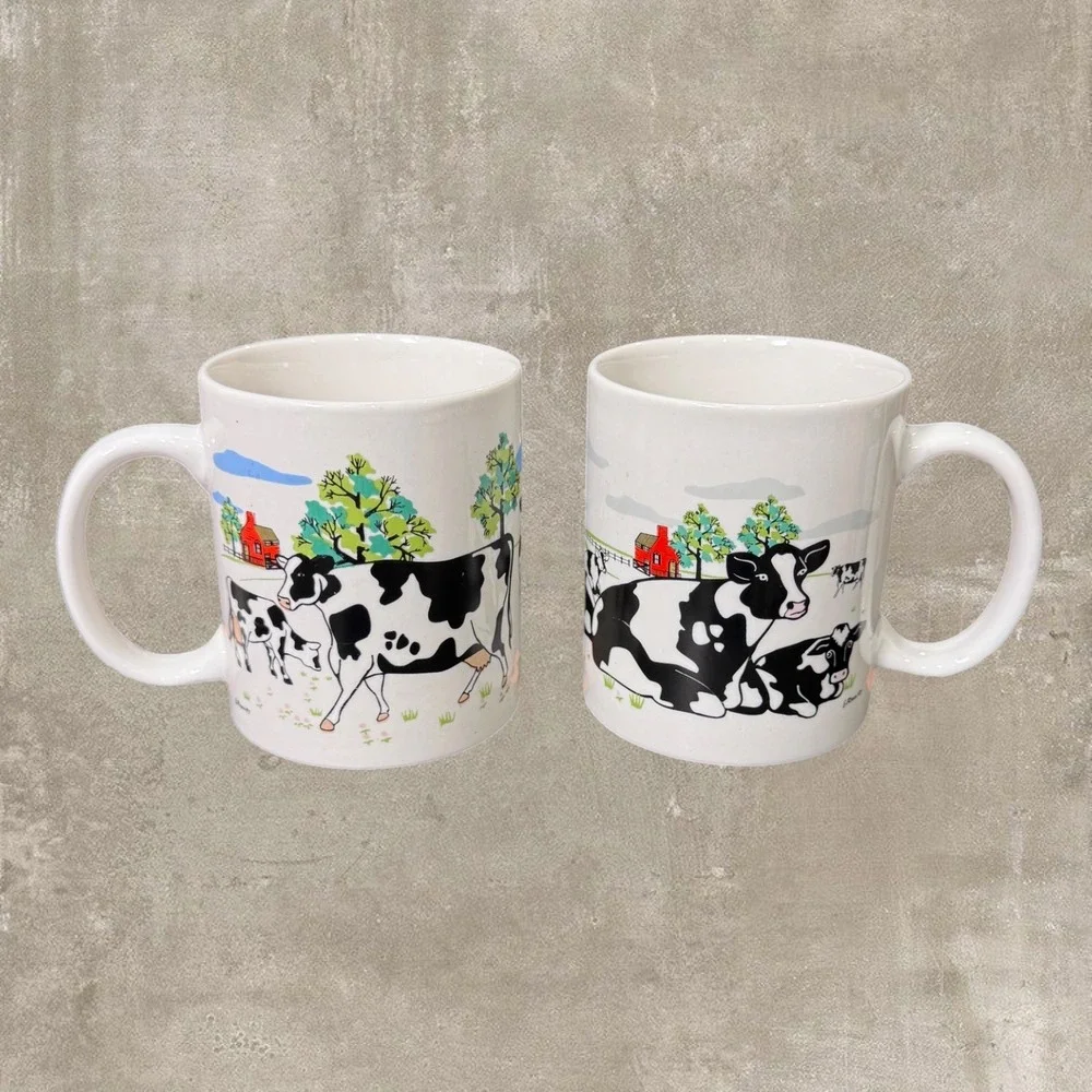 Vintage 1997 E. Rosen Cow Mug Set 2 Farmhouse Coffee Cup Dairy Cow Kitchen Decor